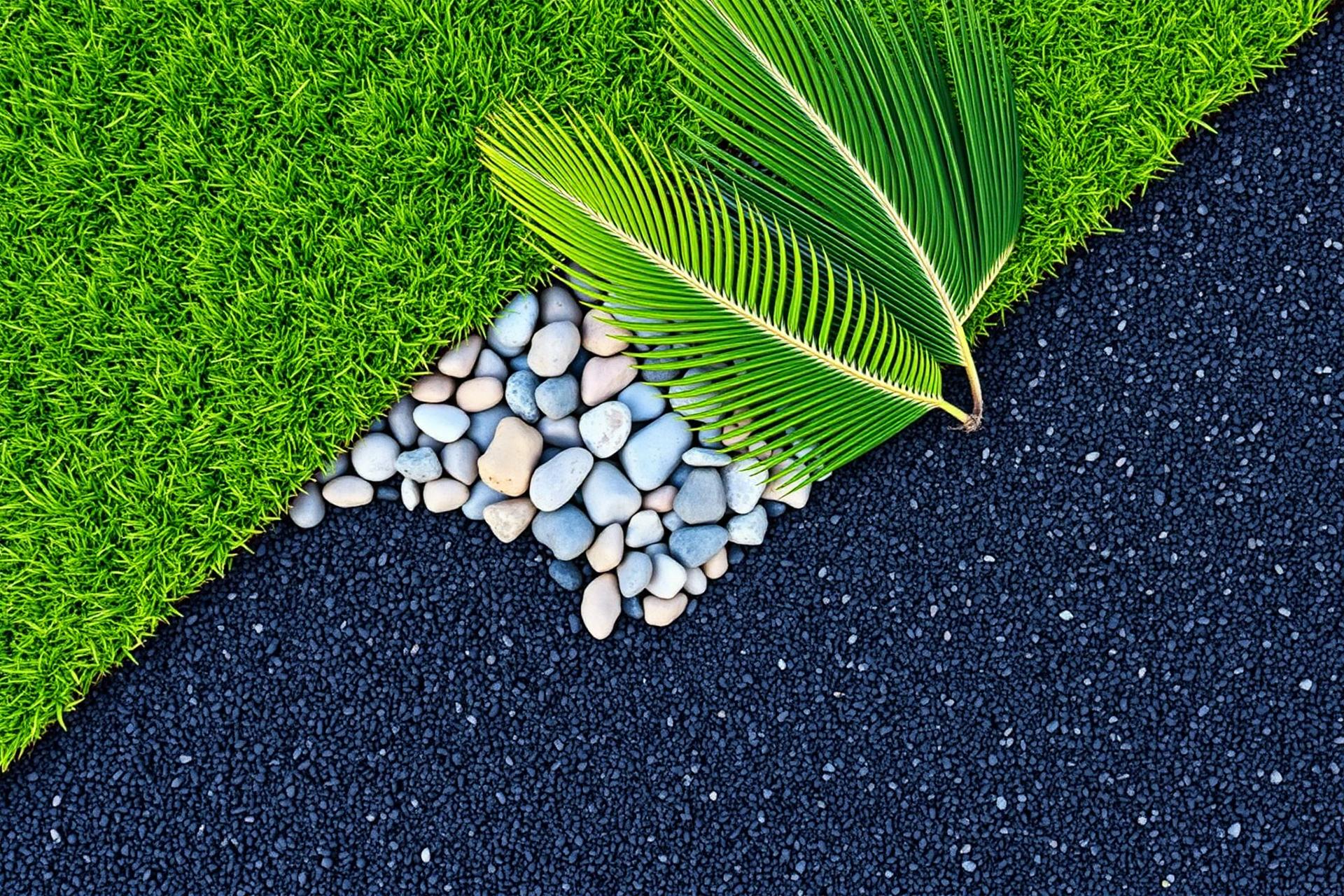 Aerial view of construction aggregates: grass, river pebbles, and dark gravel.